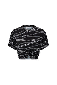 Punk chain print cropped t-shirt with gathers - Silver Punk Chain