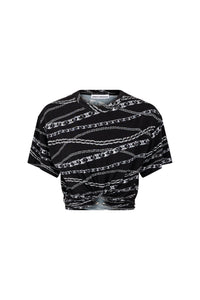 T-shirt cropped imprimé punk chain à fronce - Silver Punk Chain