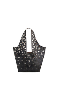 Leather tote bag with metal eyelets - Black & Silver