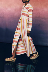 WHITE ORANGE & LILAC URS DRESS STRIPES robe longue rayée avec col