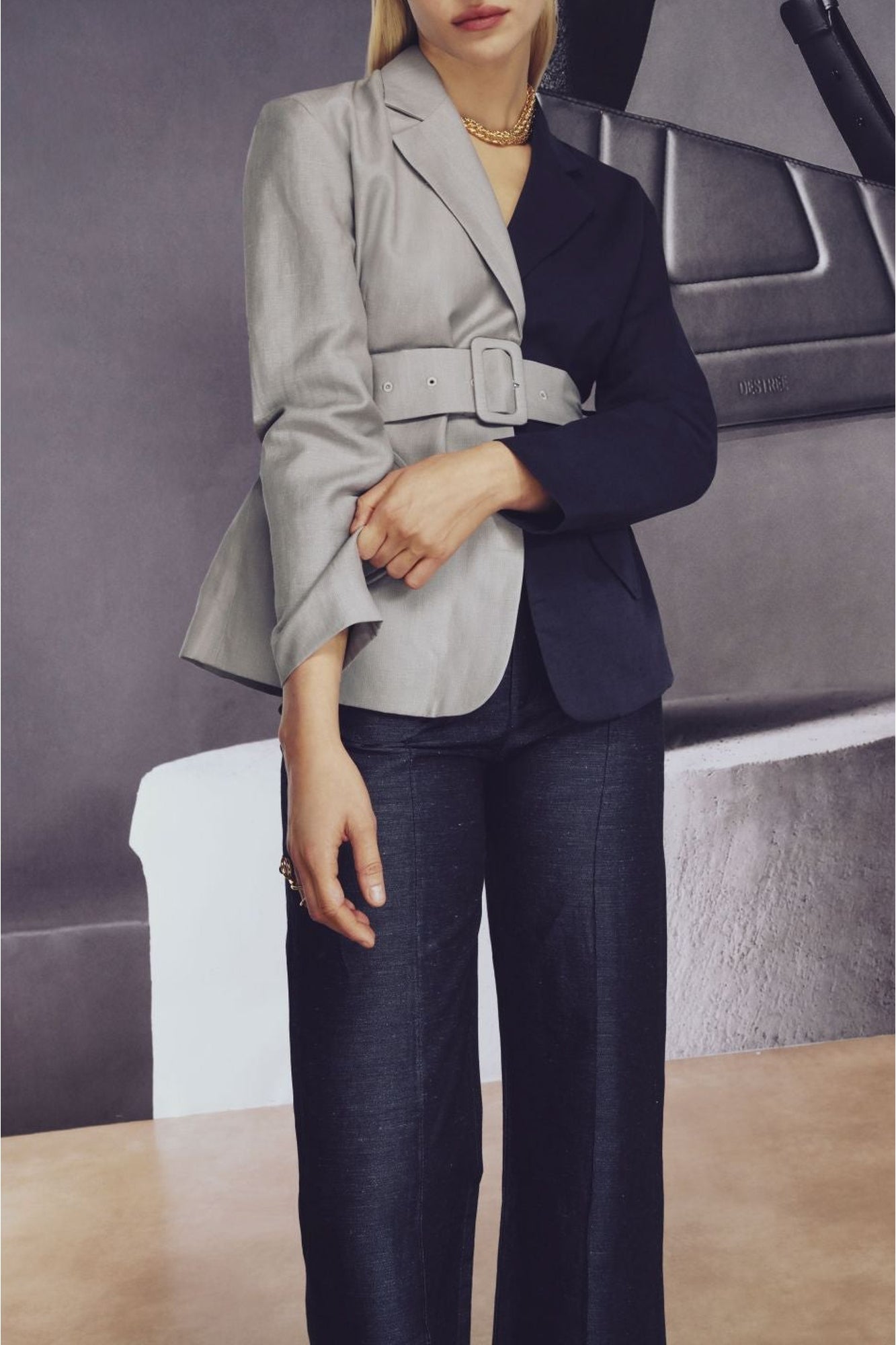 CELADON & NAVY BLUE HENRY JACKET BICOLOR FRONT Blazer ceinturé