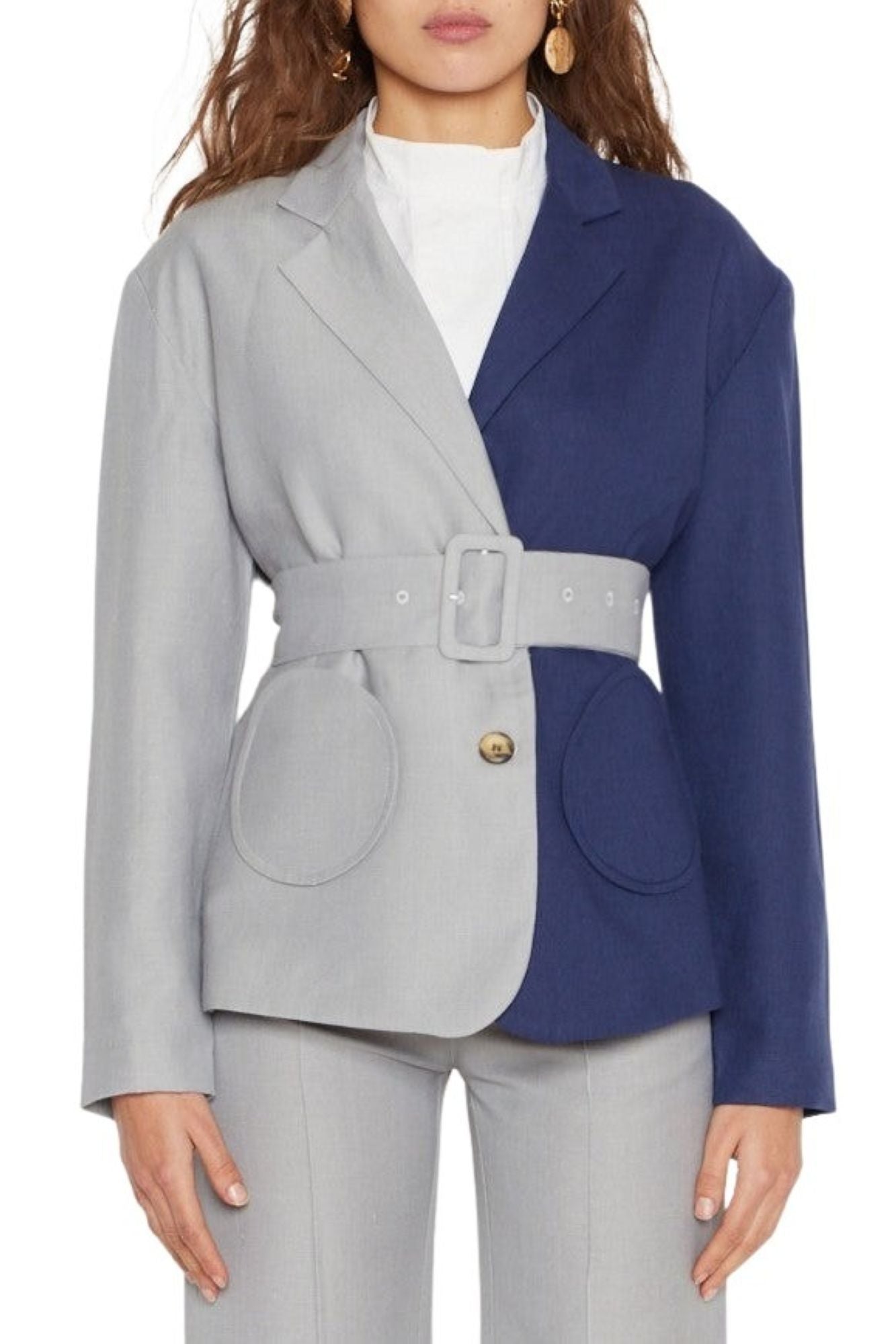 CELADON & NAVY BLUE HENRY JACKET BICOLOR FRONT Blazer ceinturé