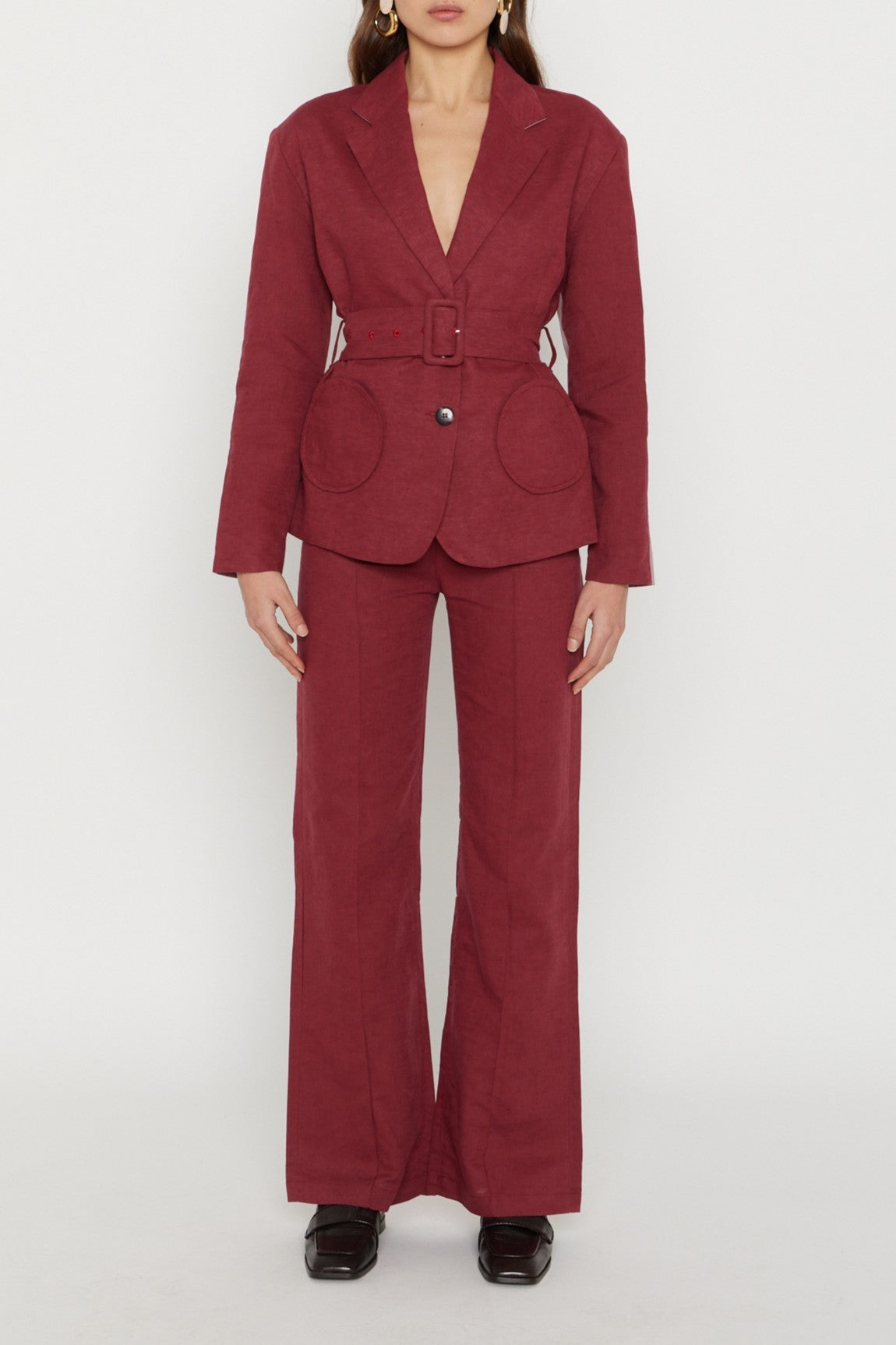 Pantalon Yoshi évasé avec détails poches en lin - Burgundy