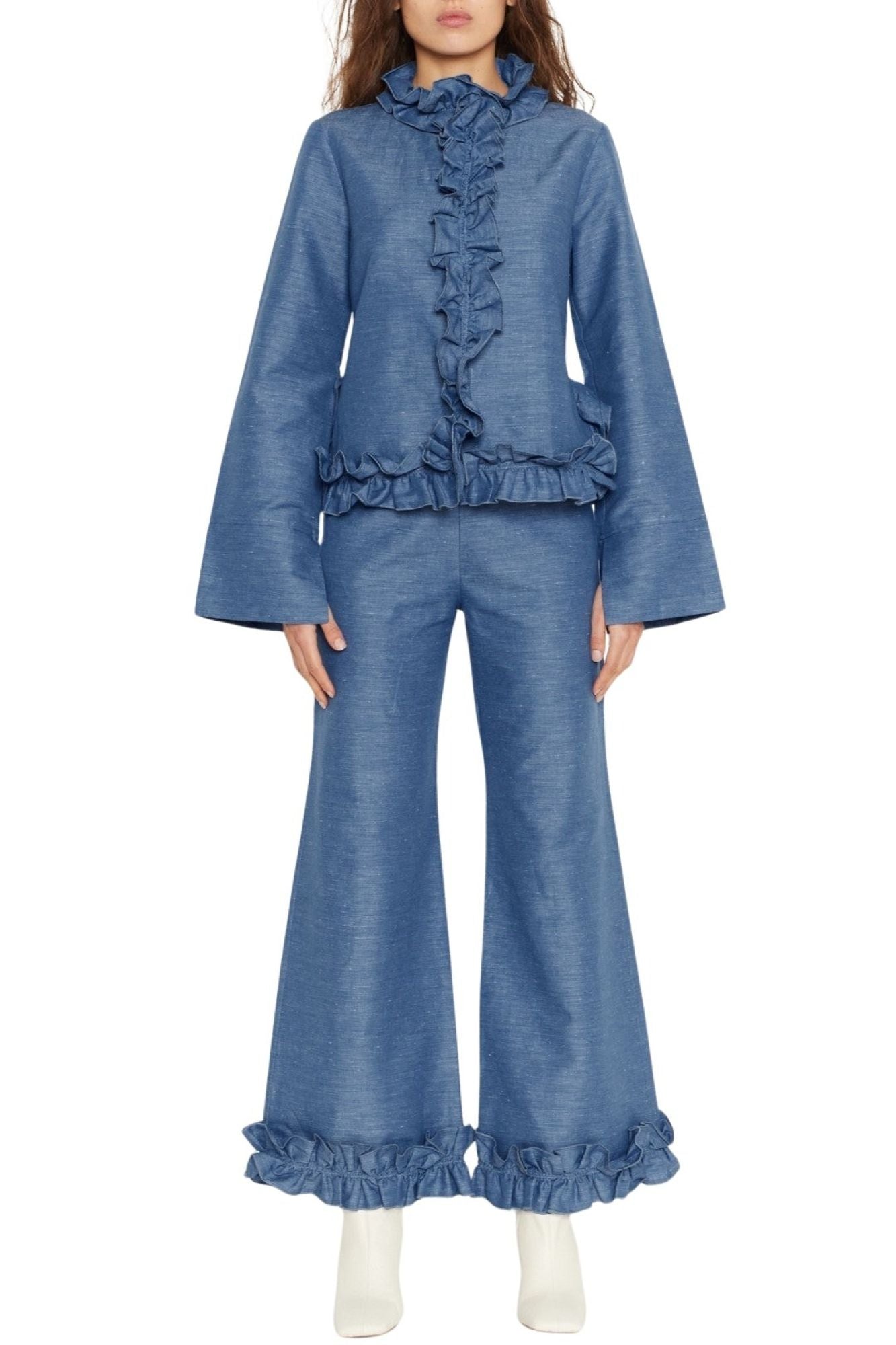 DENIM BLUE HILARY PANTS pantalon à bordure à volants