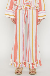 WHITE ORANGE & LILAC HILARY PANTS STRIPES pantalon à bordure à volants