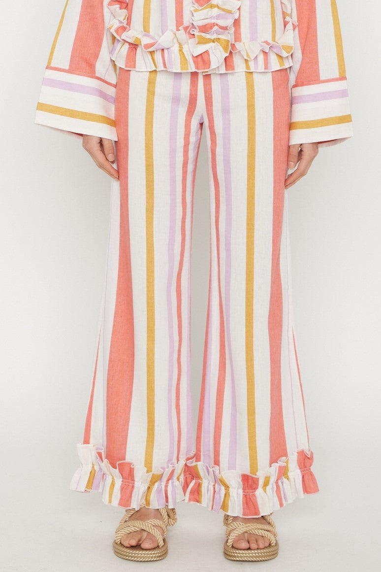 WHITE ORANGE & LILAC HILARY PANTS STRIPES pantalon à bordure à volants