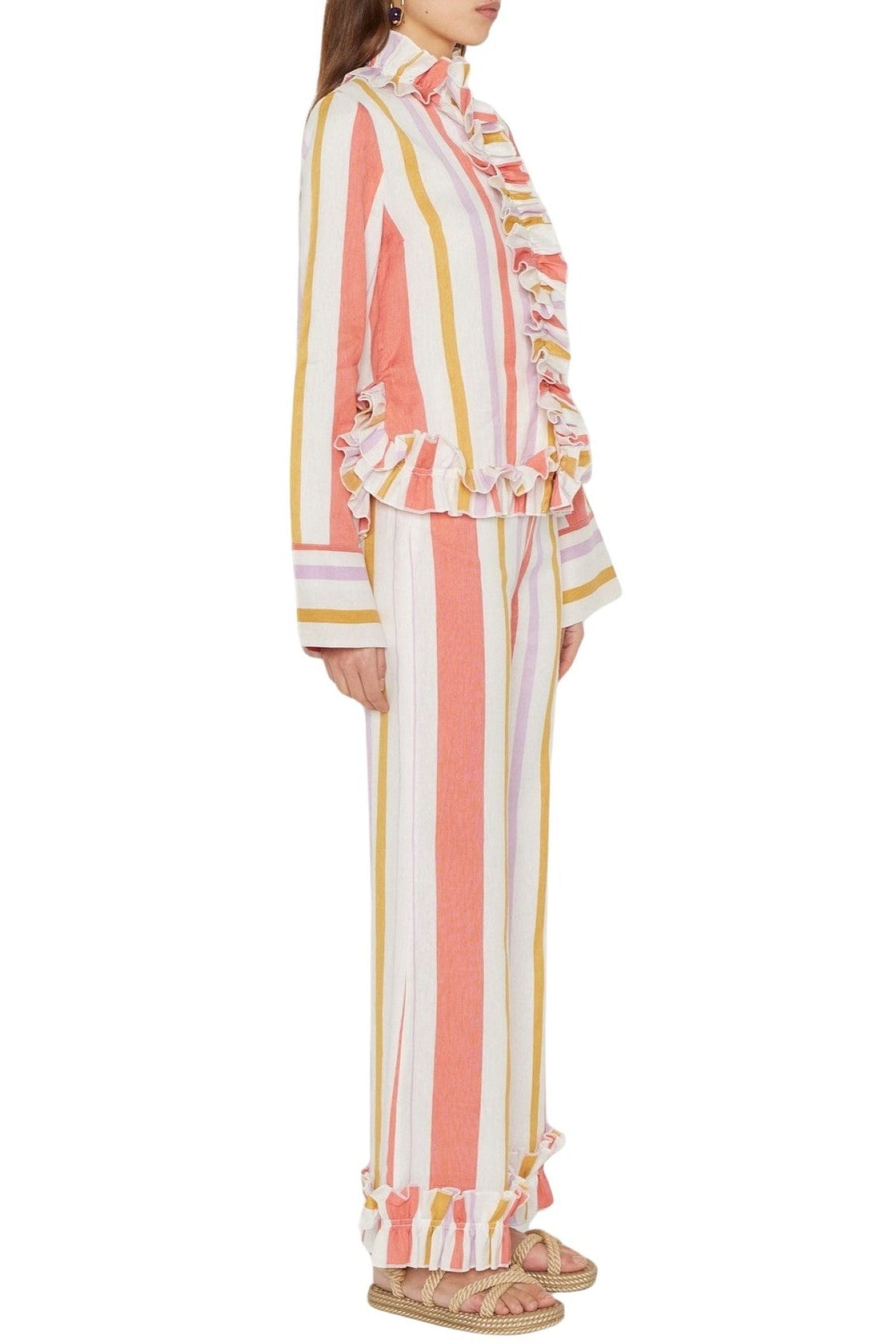 WHITE ORANGE & LILAC HILARY PANTS STRIPES pantalon à bordure à volants