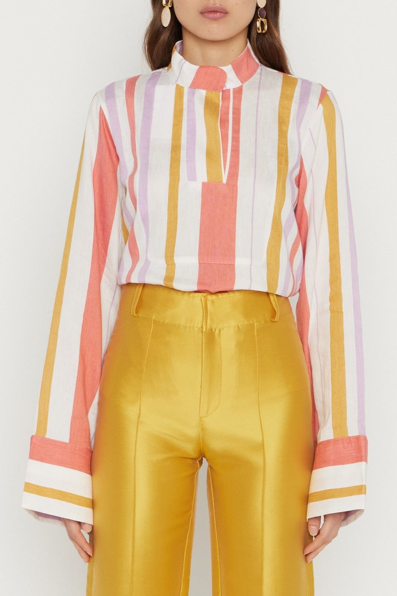 WHITE ORANGE & LILAC PAAVO SHIRT STRIPES Chemise à manches évasées
