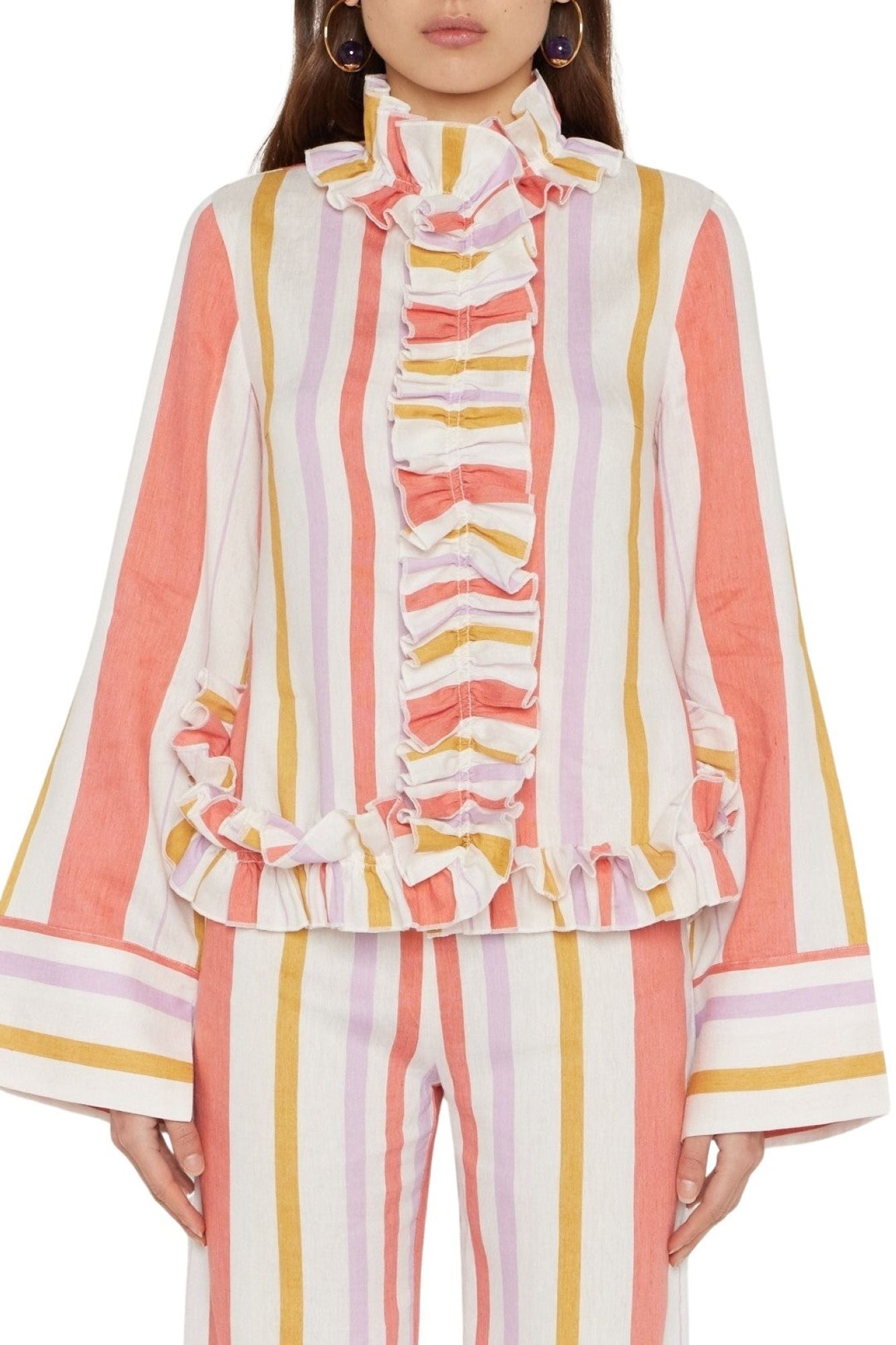 WHITE ORANGE & LILAC HILARY SHIRT STRIPES Chemise à volants