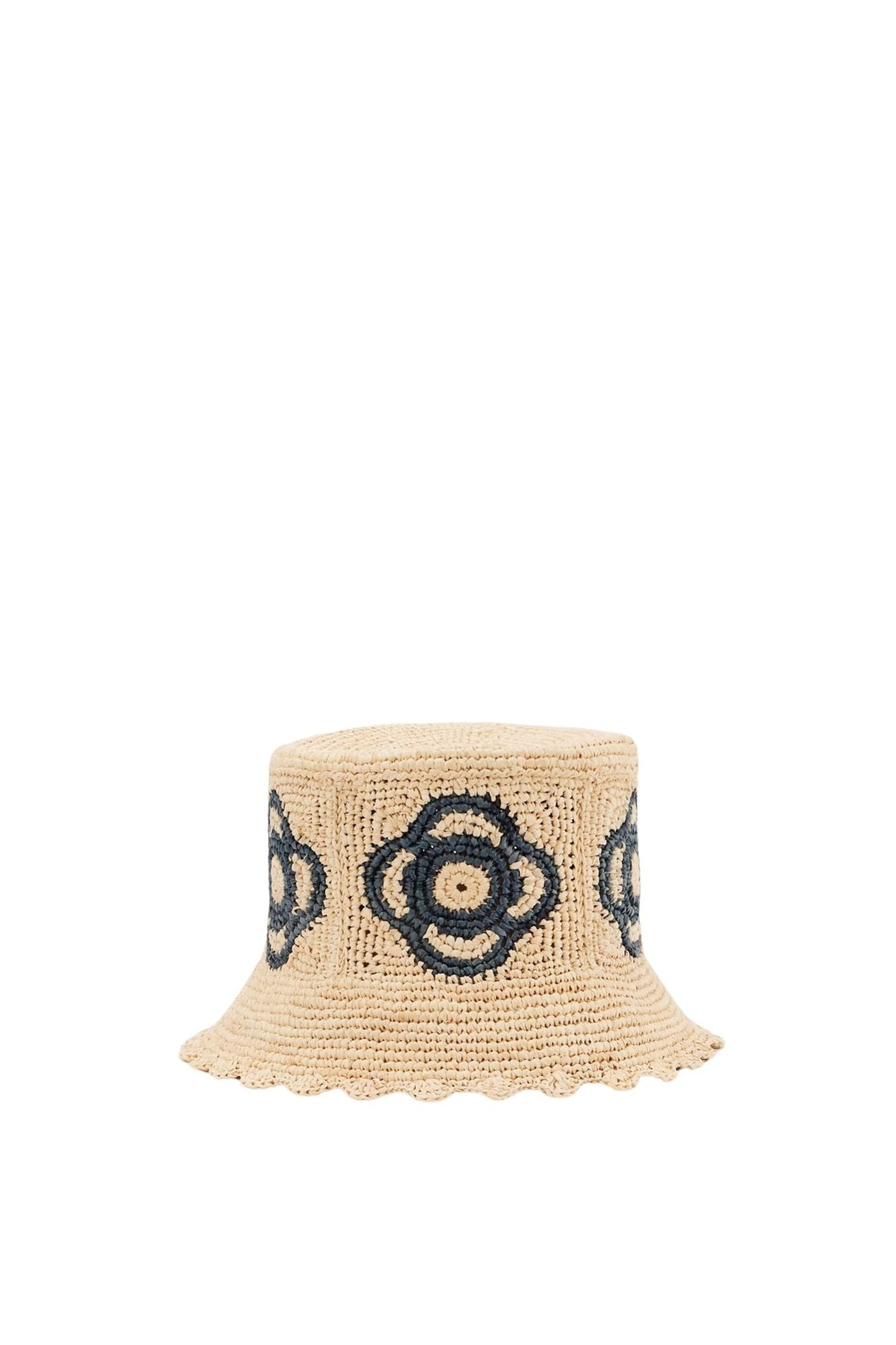GREY BOB HAT FLOWER RAFFIA Chapeau bob au crochet avec motif floral