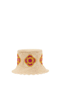 FUCHSIA BOB HAT FLOWER RAFFIA Chapeau bob au crochet avec motif floral