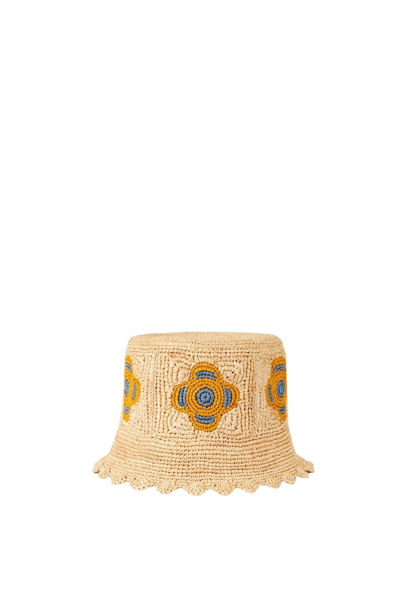 YELLOW & BLUE BOB HAT FLOWER RAFFIA Chapeau bob au crochet avec motif floral