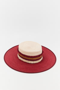 NATURAL BURGUNDY CARRE HAT BICOLOR STRAW chapeau de paille