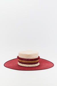 NATURAL BURGUNDY CARRE HAT BICOLOR STRAW chapeau de paille