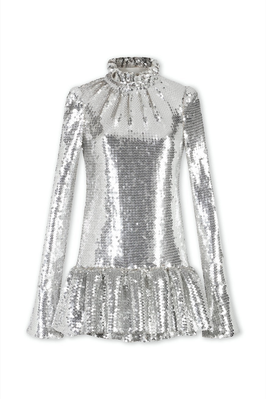 Robe courte et col montant à paillettes - Silver