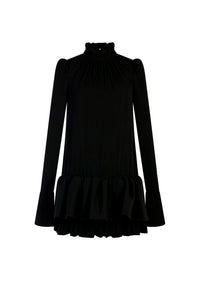 Gathered and flounced short dress - Black