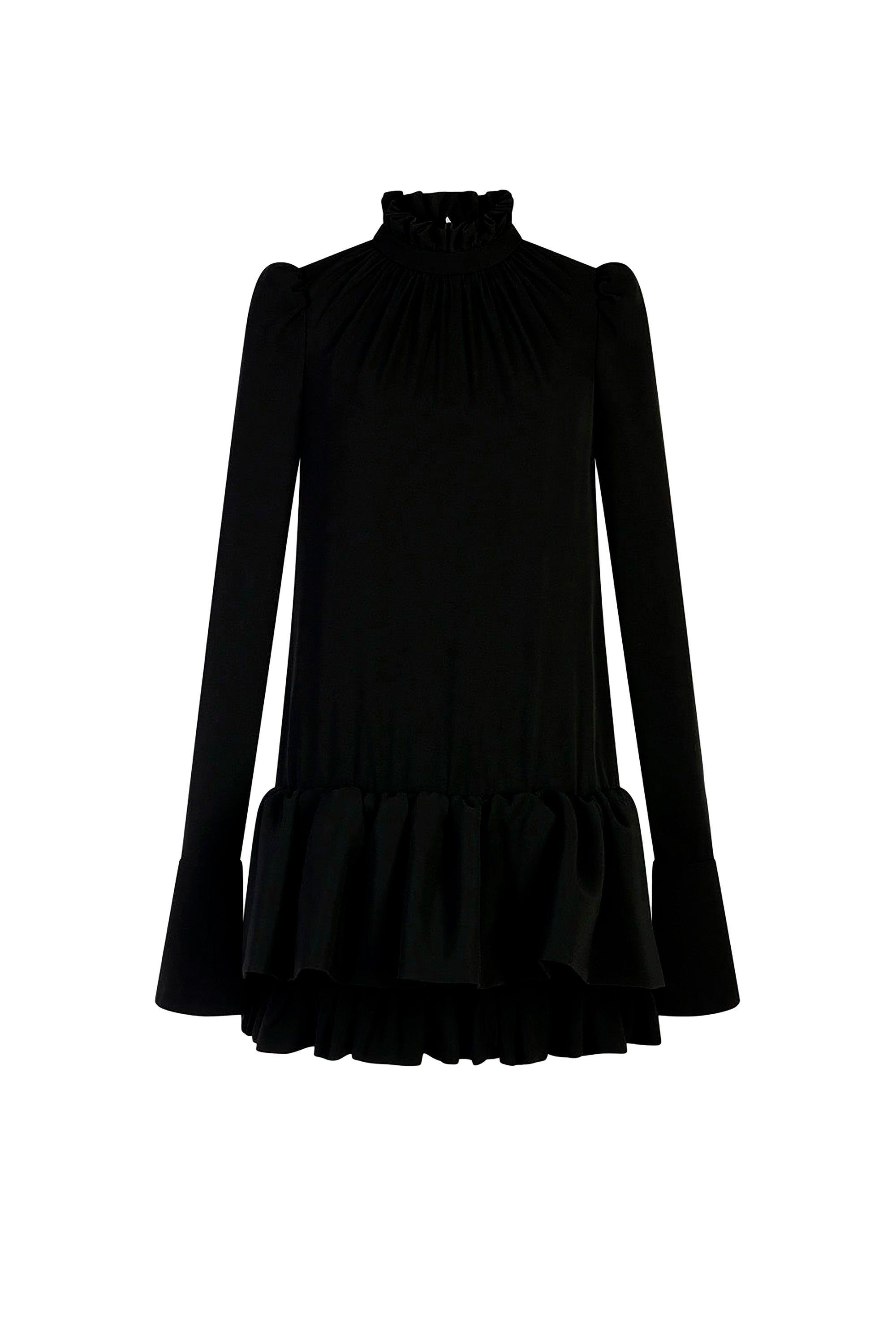 Gathered and flounced short dress - Black