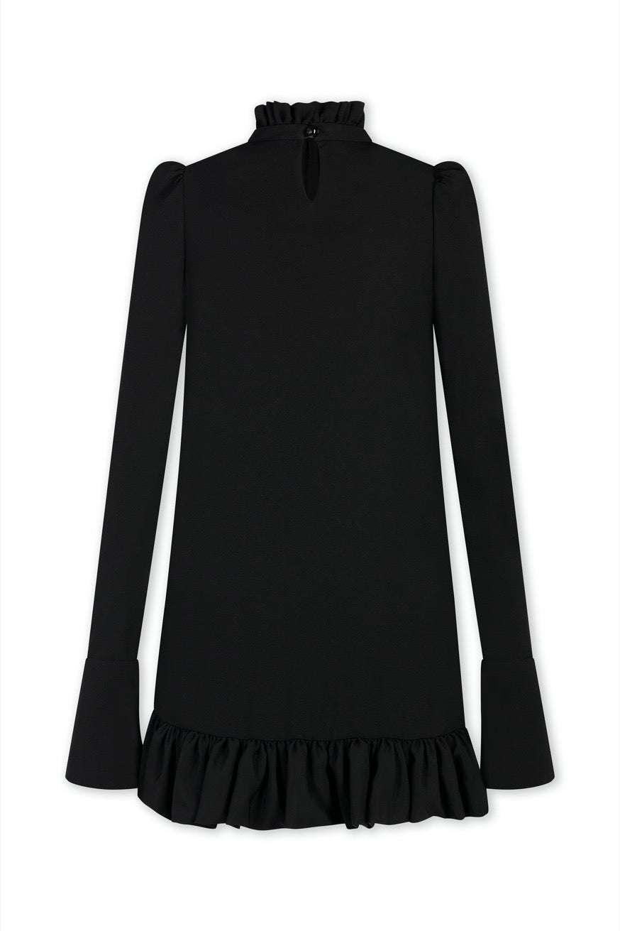 Gathered and flounced short dress - Black