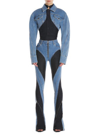 MEDIUM BLUE / BLACK // blue cropped bi-material jacket