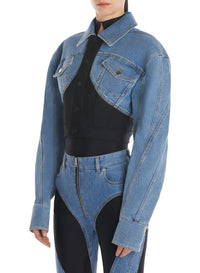 MEDIUM BLUE / BLACK // blue cropped bi-material jacket