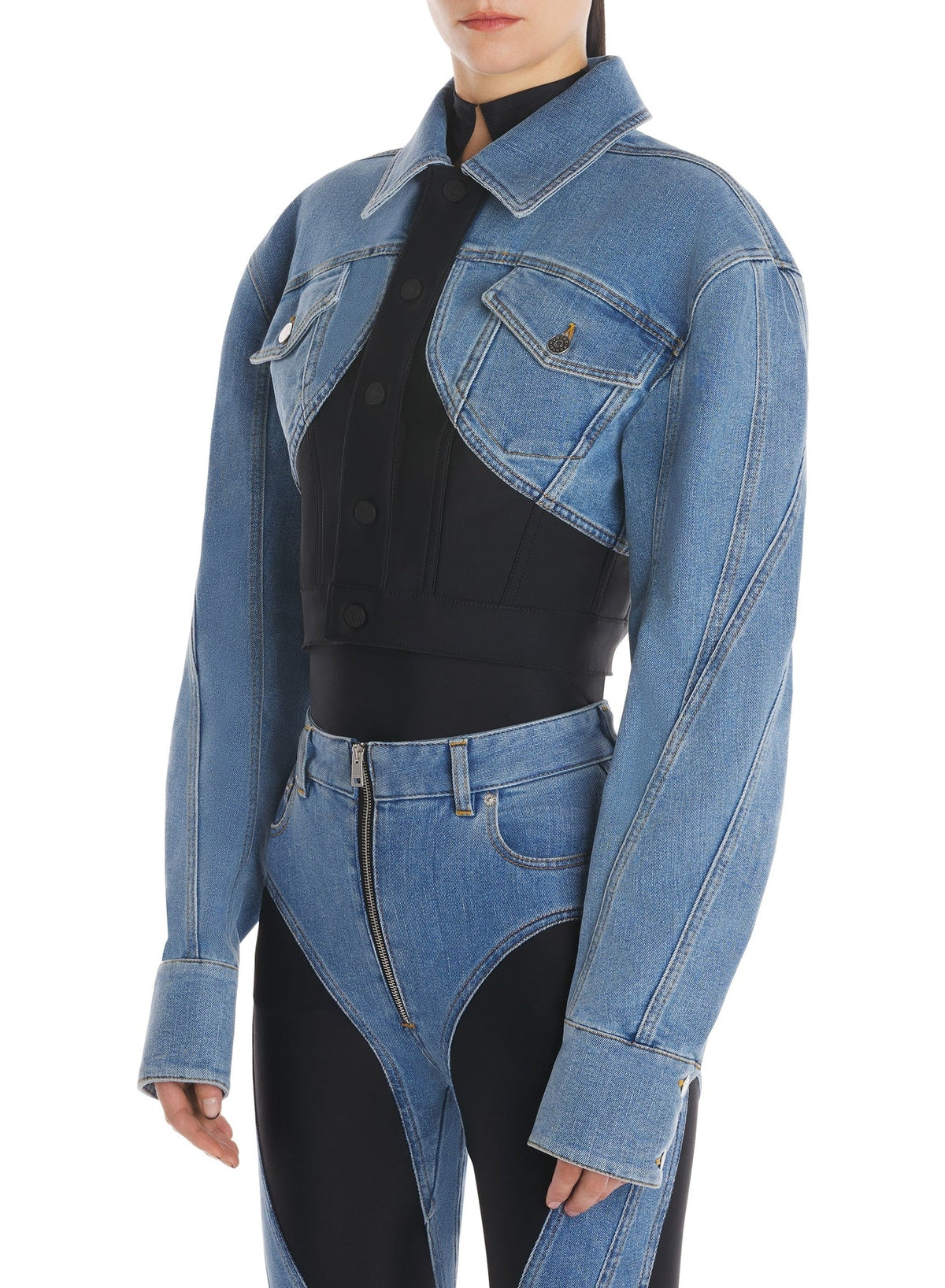 MEDIUM BLUE / BLACK // blue cropped bi-material jacket