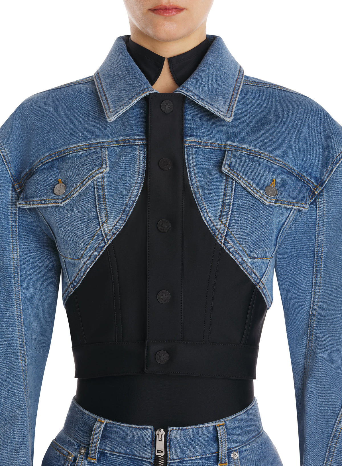 MEDIUM BLUE / BLACK // blue cropped bi-material jacket