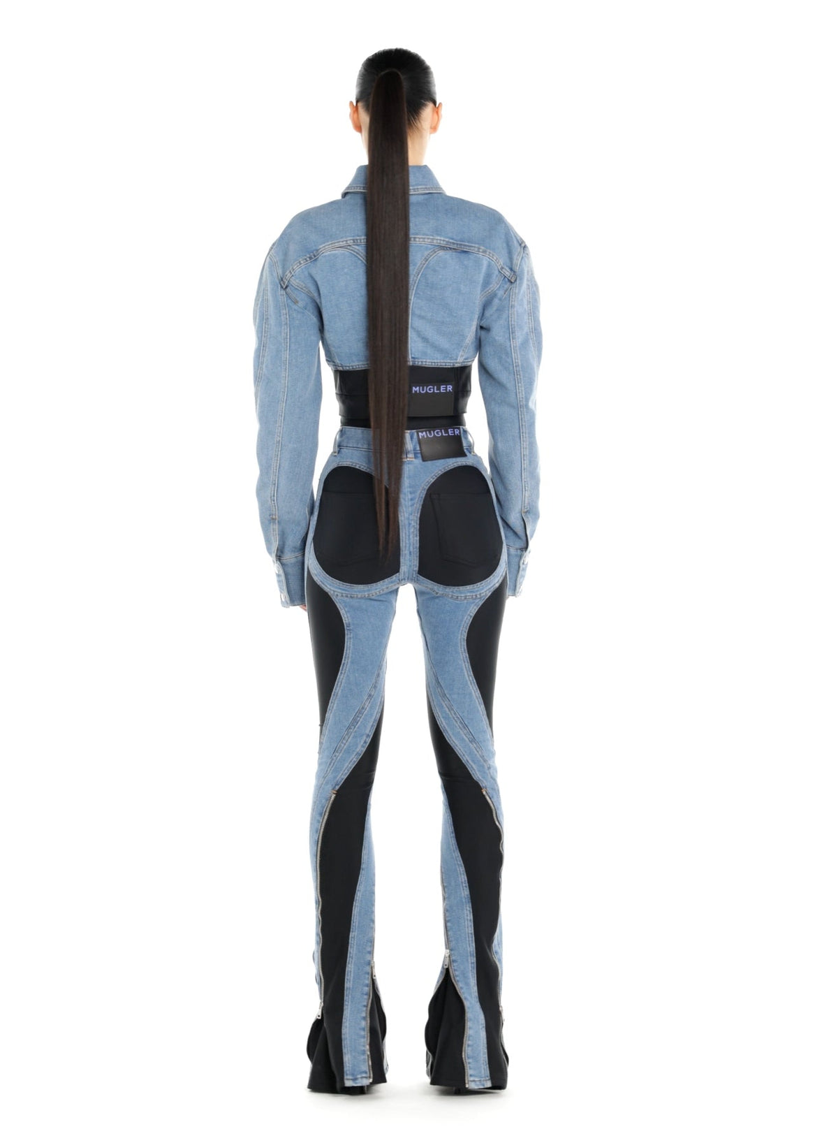 MEDIUM BLUE / BLACK // blue cropped bi-material jacket