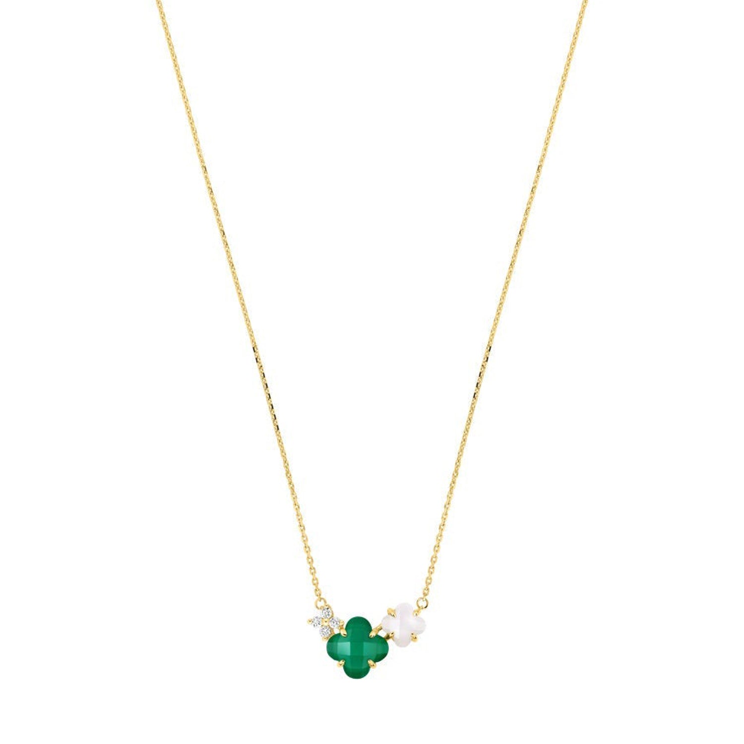 Collier Bouquet en or jaune & Agate et Pierre de lune - Vert & Blanc