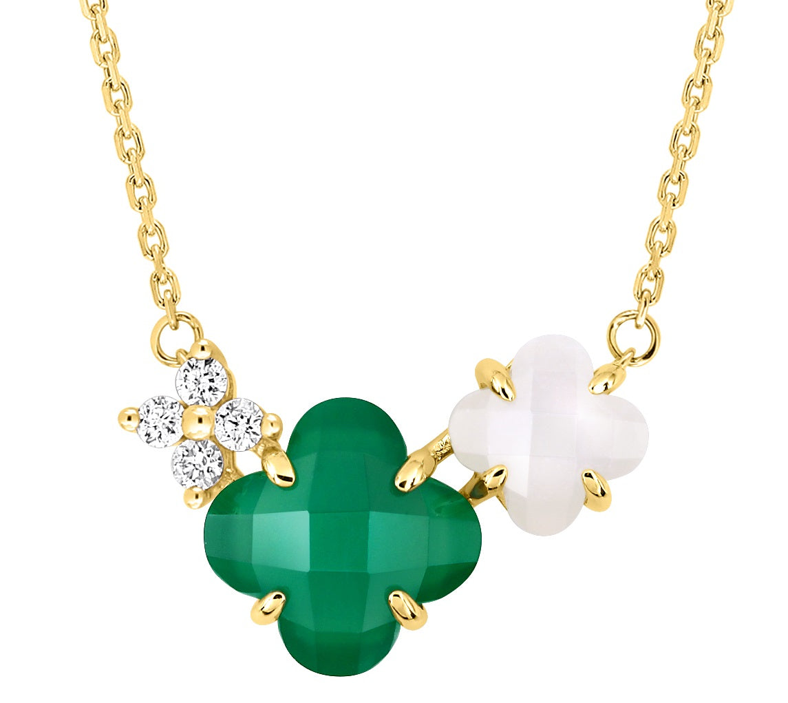 Collier Bouquet en or jaune & Agate et Pierre de lune - Vert & Blanc