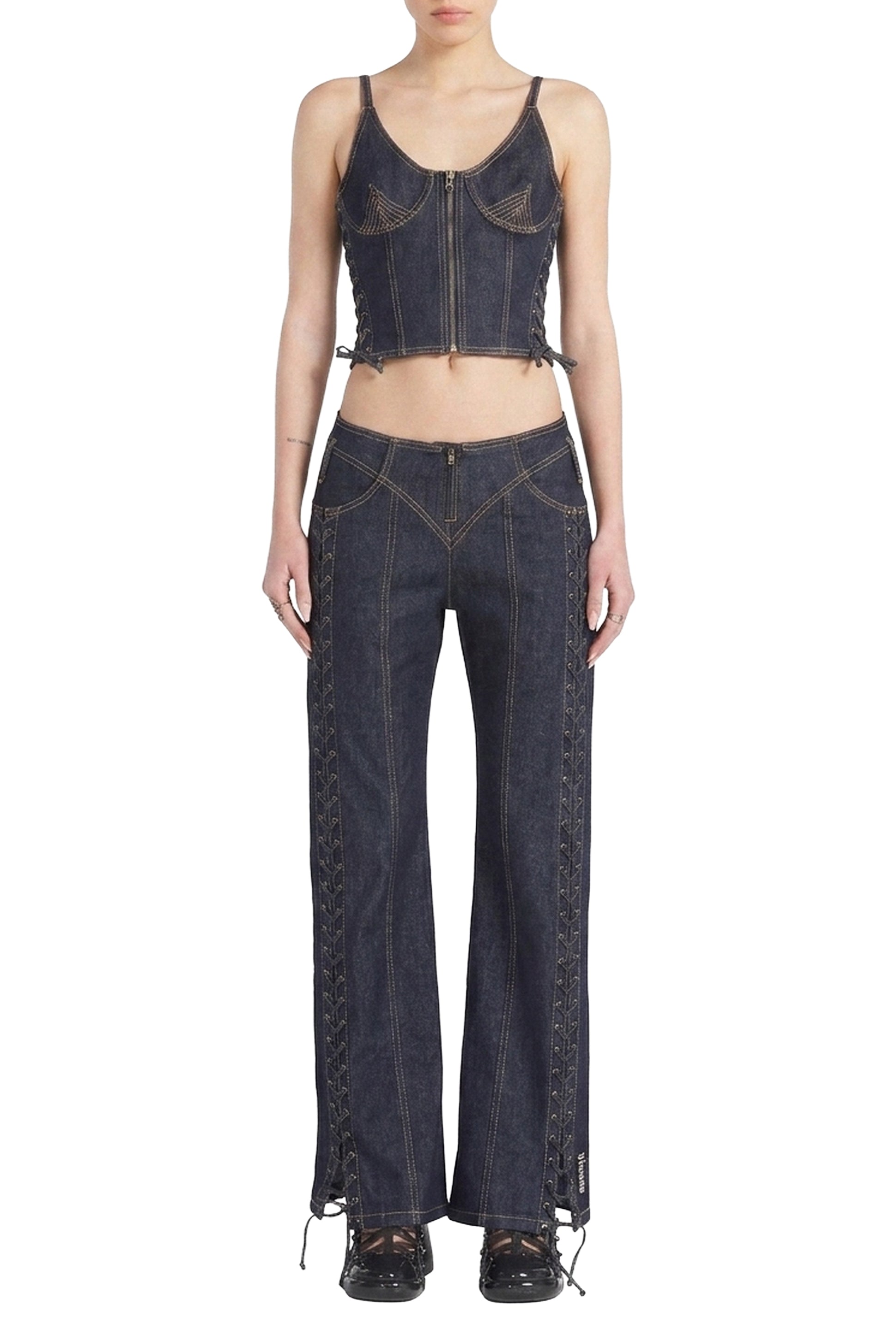 Pantalon Flower à lacets en denim - Indigo
