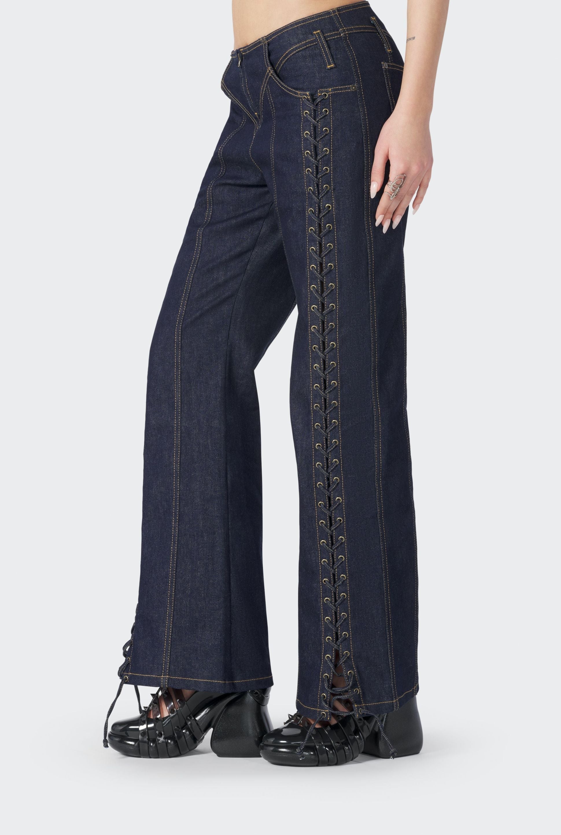 Pantalon Flower à lacets en denim - Indigo