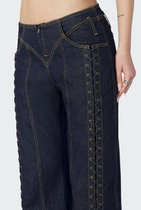 Pantalon Flower à lacets en denim - Indigo