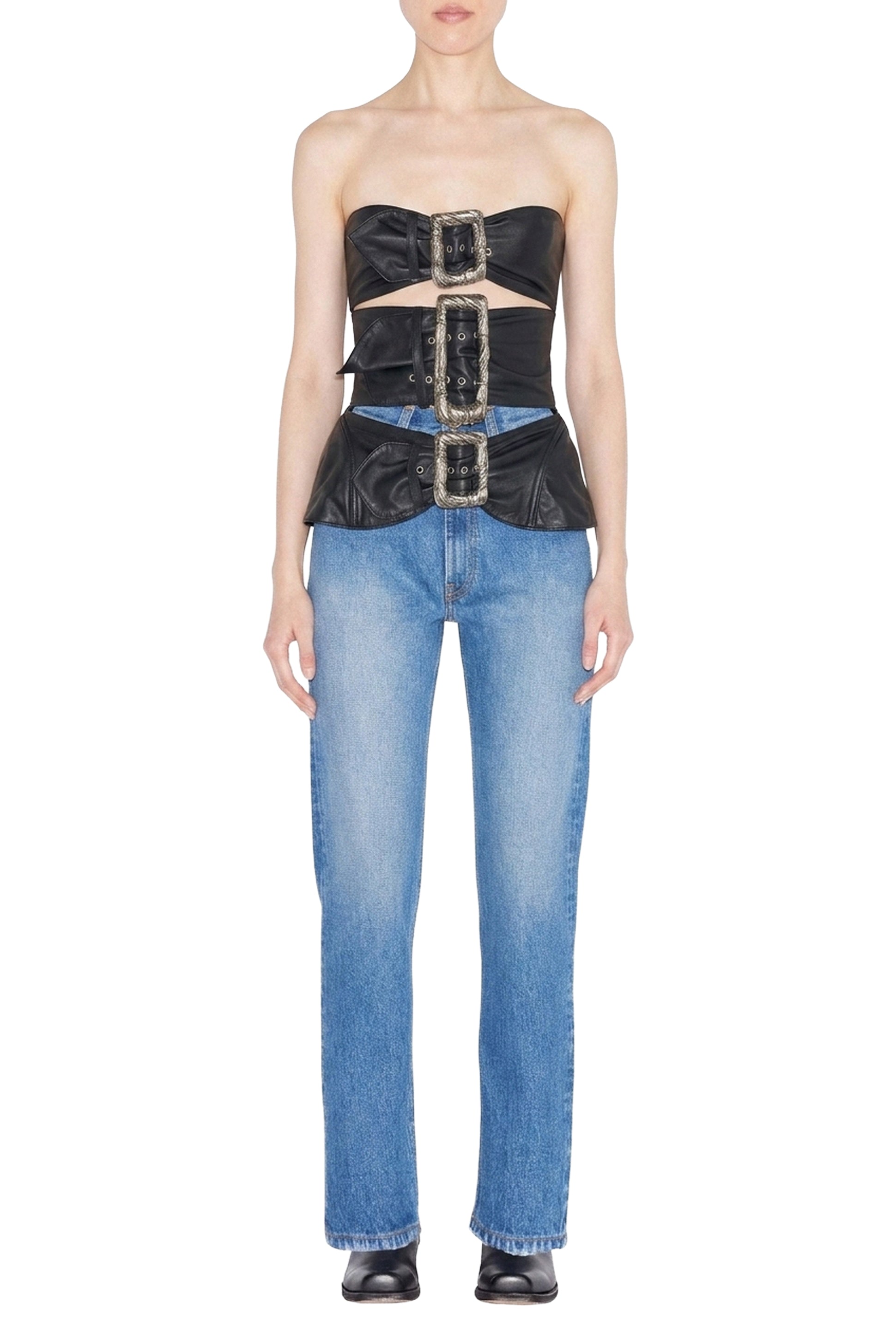 Belted leather bustier - Black