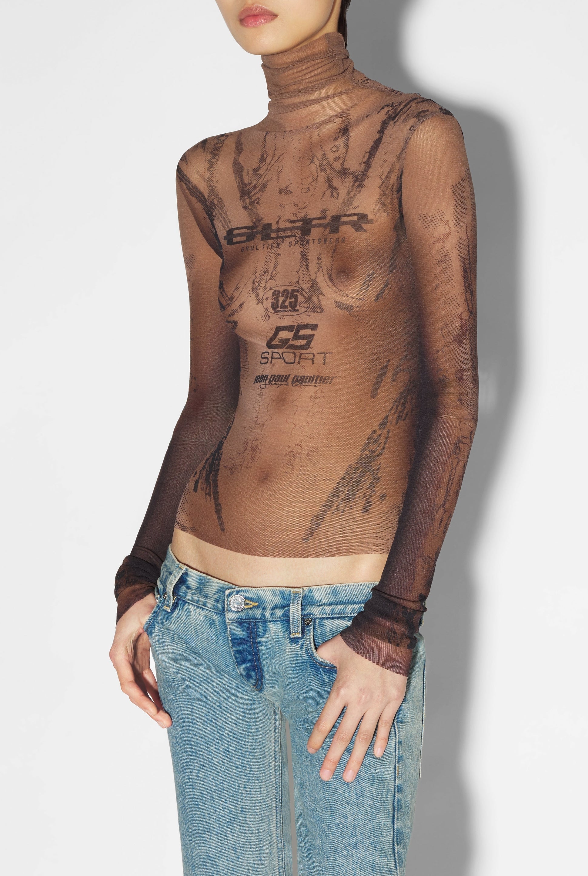 Top unisexe JPG x Shayne Oliver imprimé en tulle - Dark Nude & Black