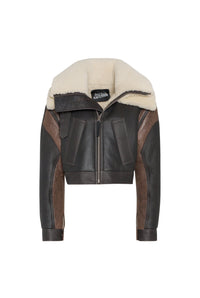 Blouson zippé et fourré en cuir - Vintage Brown