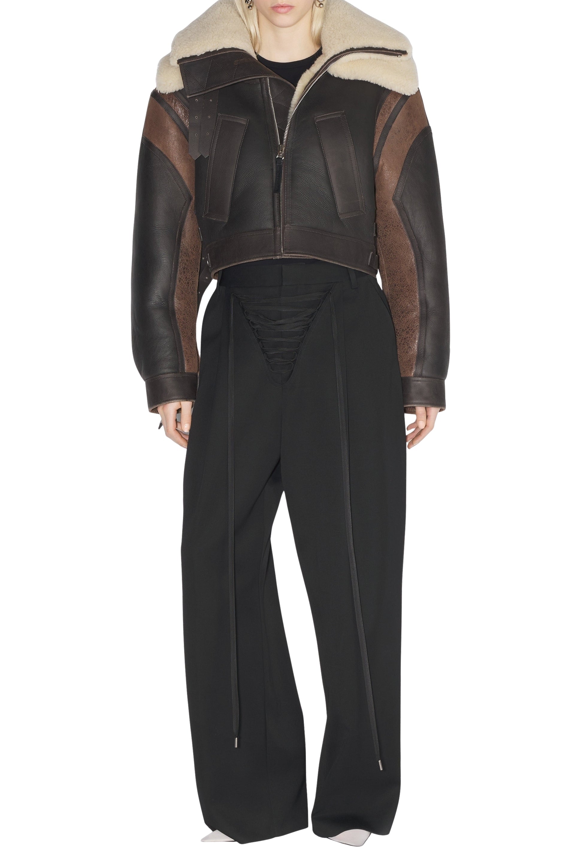 Blouson zippé et fourré en cuir - Vintage Brown
