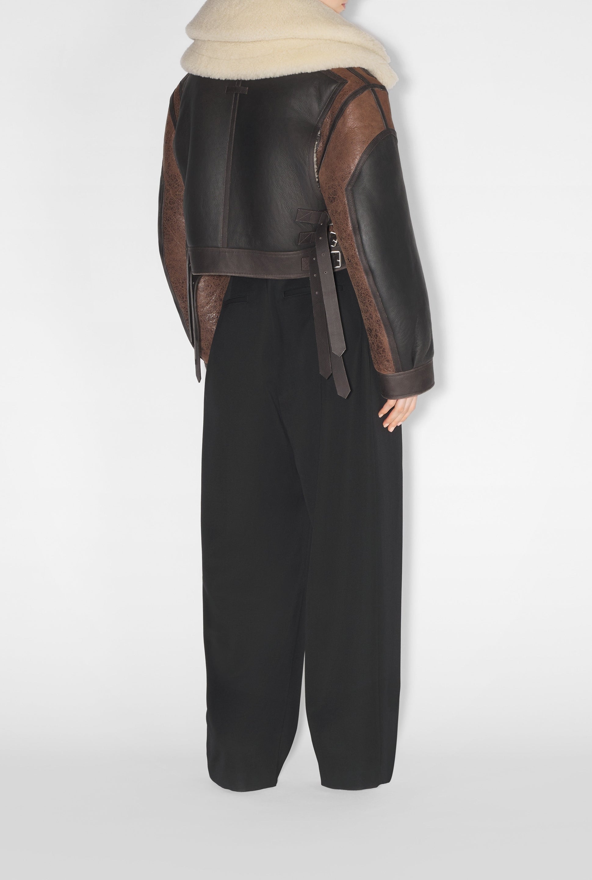 Blouson zippé et fourré en cuir - Vintage Brown
