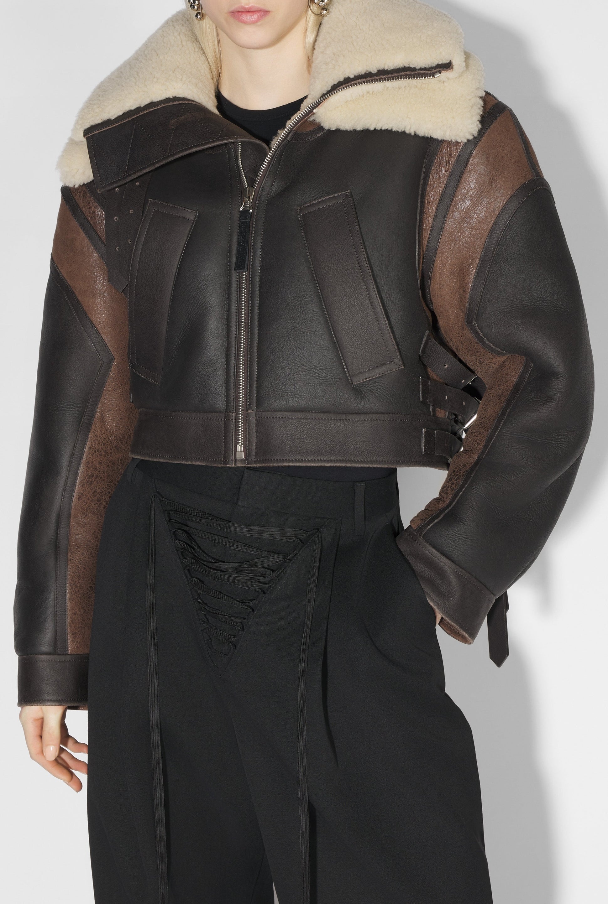 Blouson zippé et fourré en cuir - Vintage Brown
