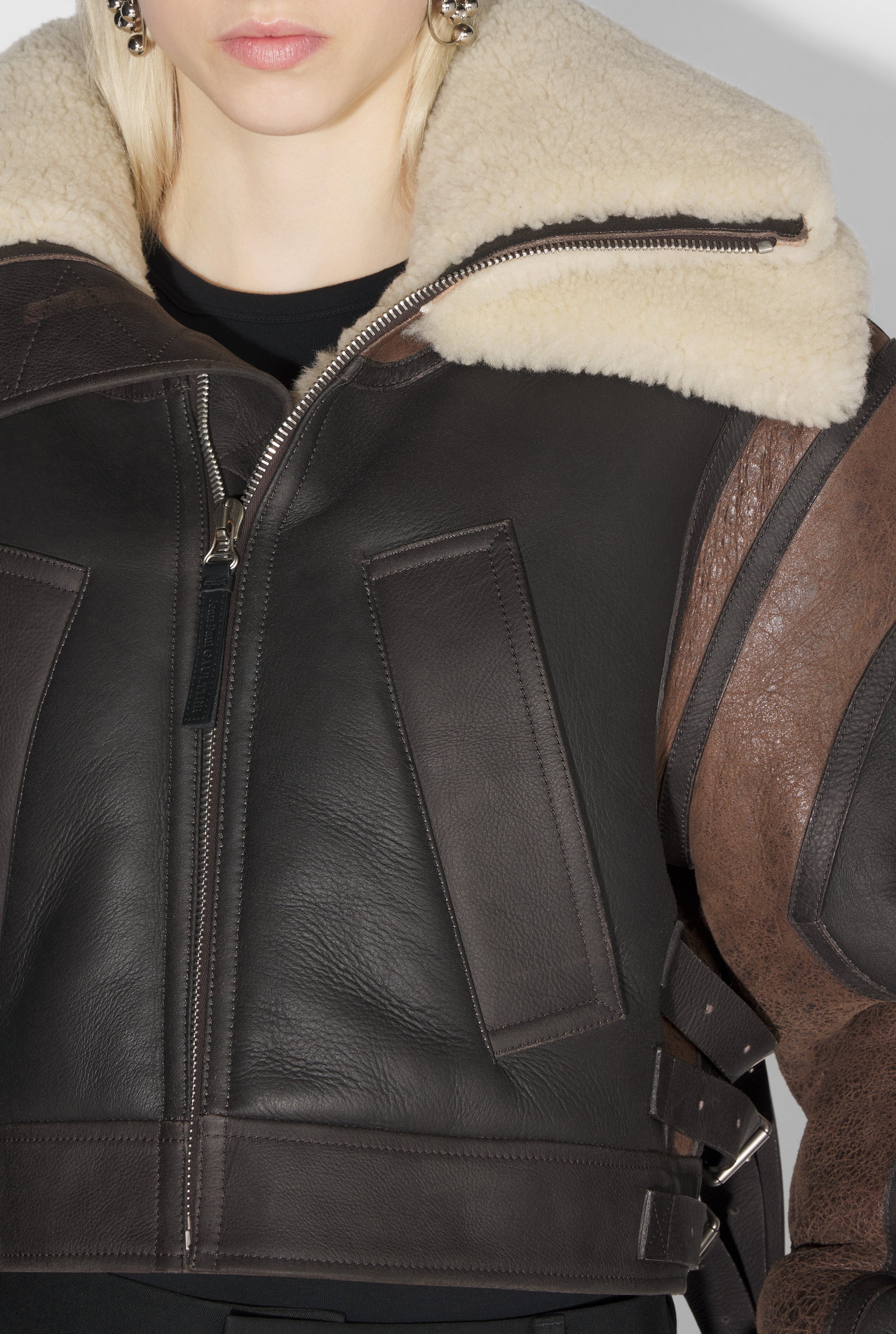 Blouson zippé et fourré en cuir - Vintage Brown