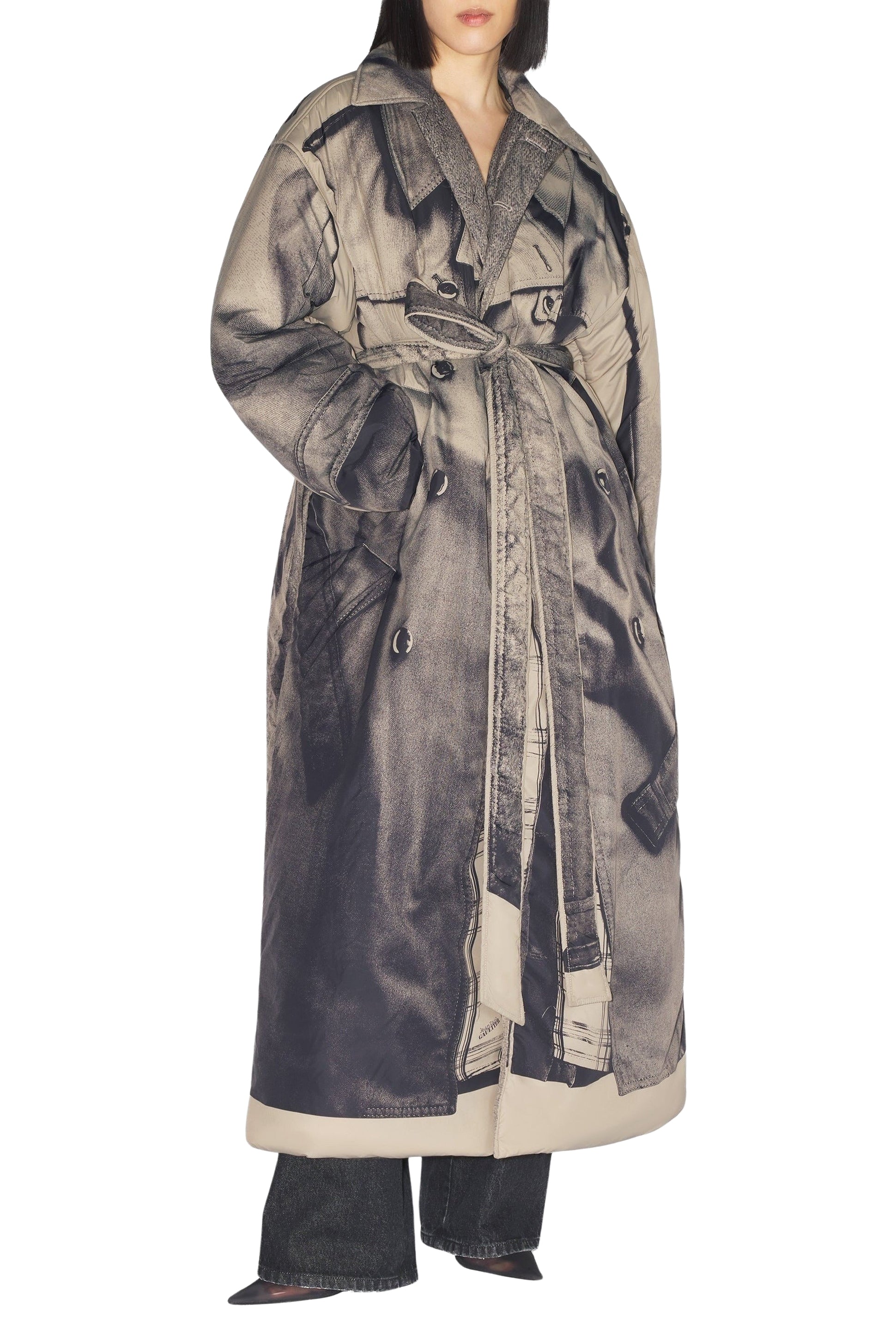 Long printed and quilted coat - Beige & Black