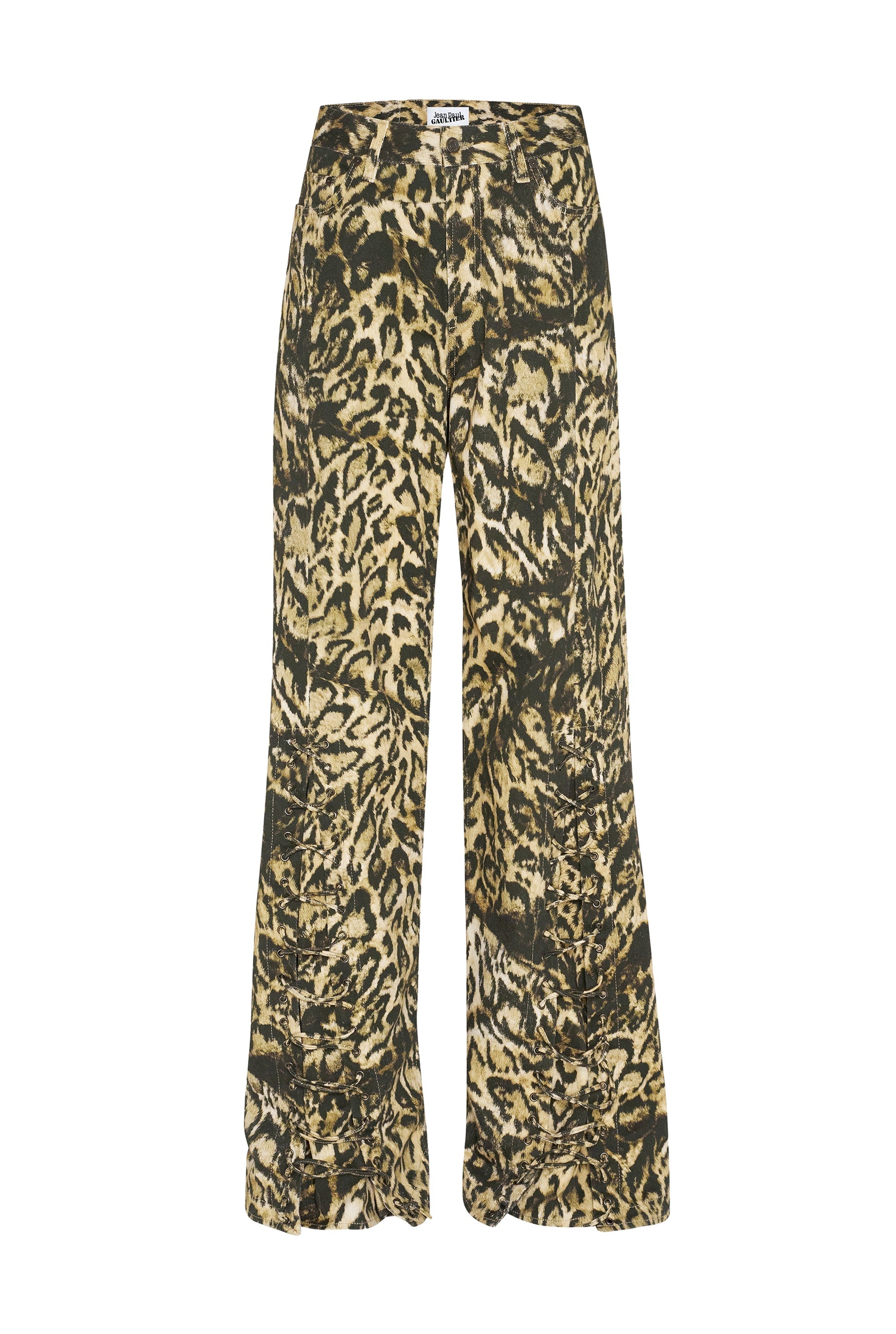 Pantalon à lacets imprimé léopard en denim - Beige & Brown