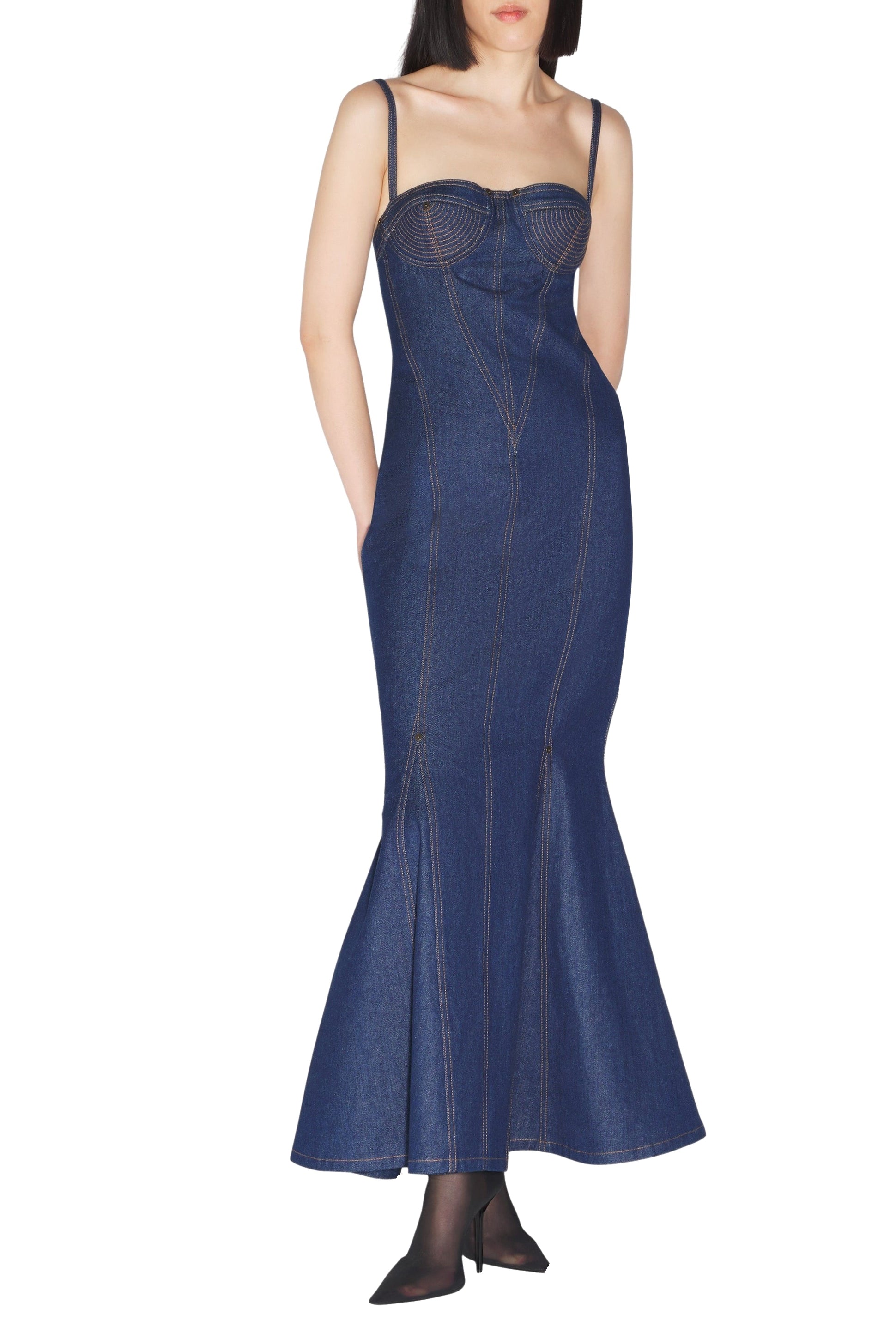 Robe cintrée à bretelles en denim - Indigo