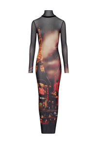 Robe longue imprimée en tulle - Black & Red & Orange
