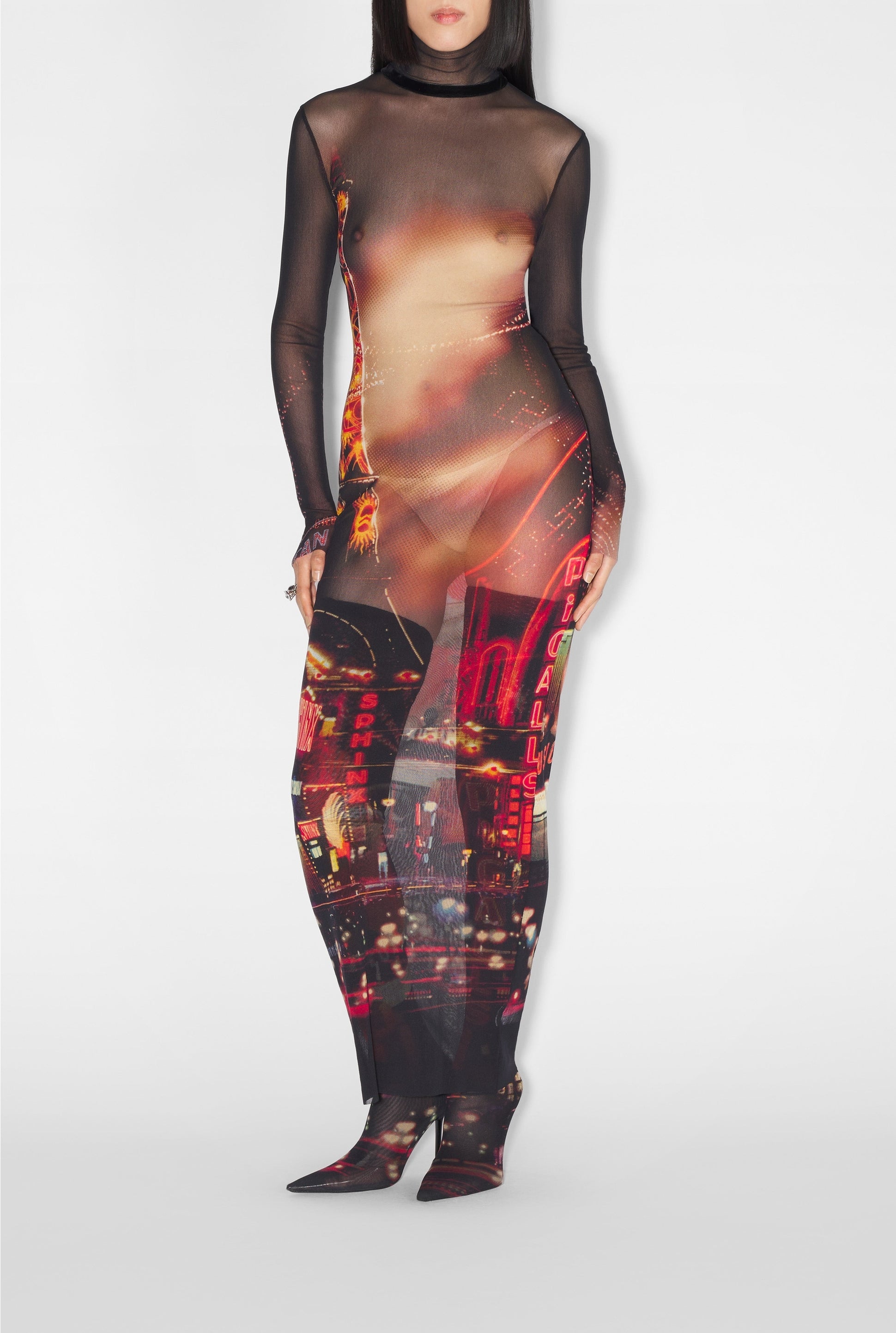 Robe longue imprimée en tulle - Black & Red & Orange