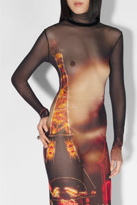 Robe longue imprimée en tulle - Black & Red & Orange