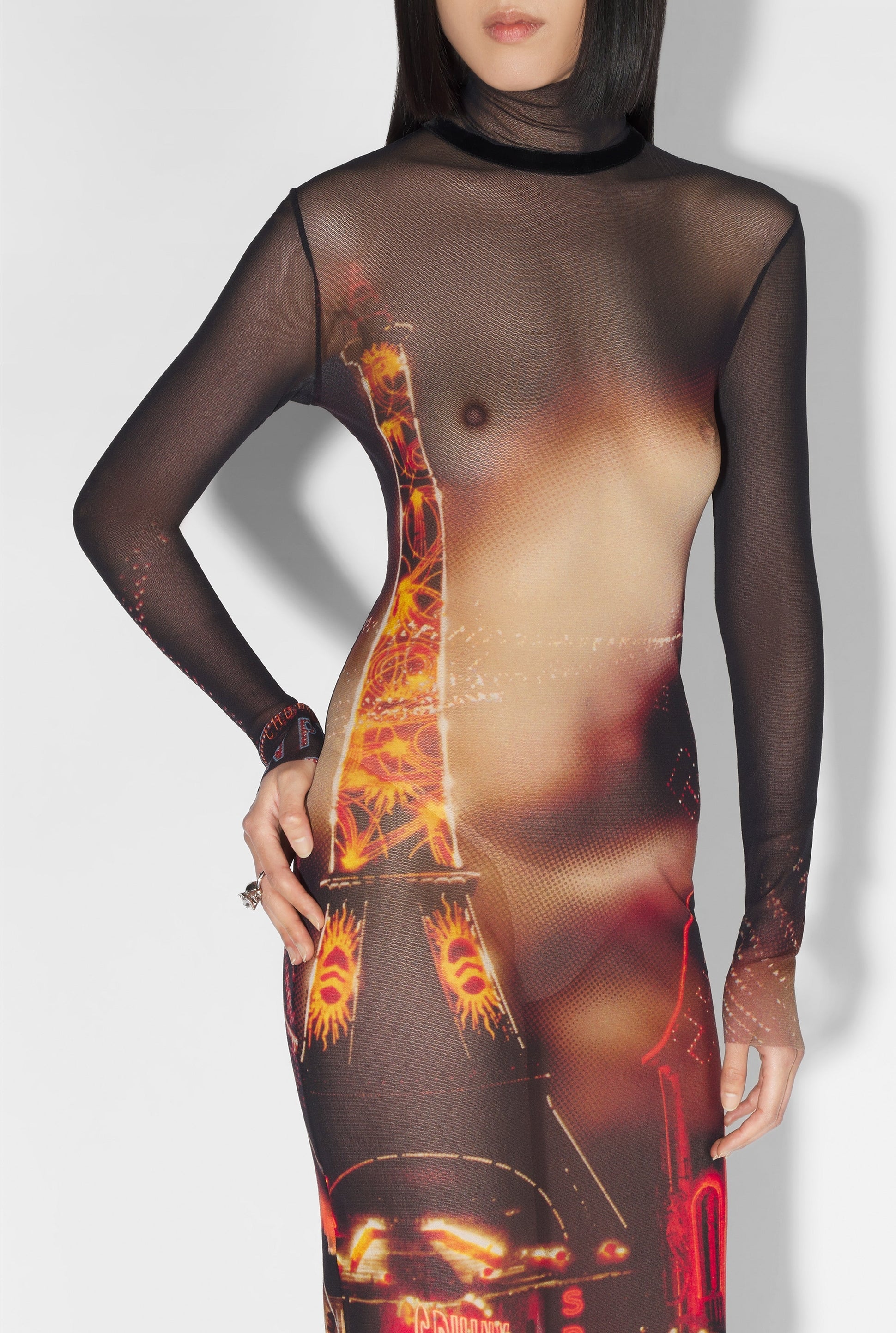 Robe longue imprimée en tulle - Black & Red & Orange
