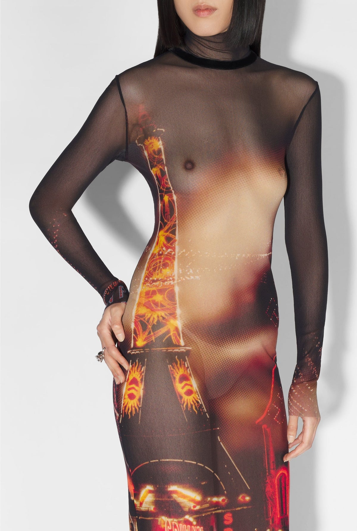 Robe longue imprimée en tulle - Black & Red & Orange