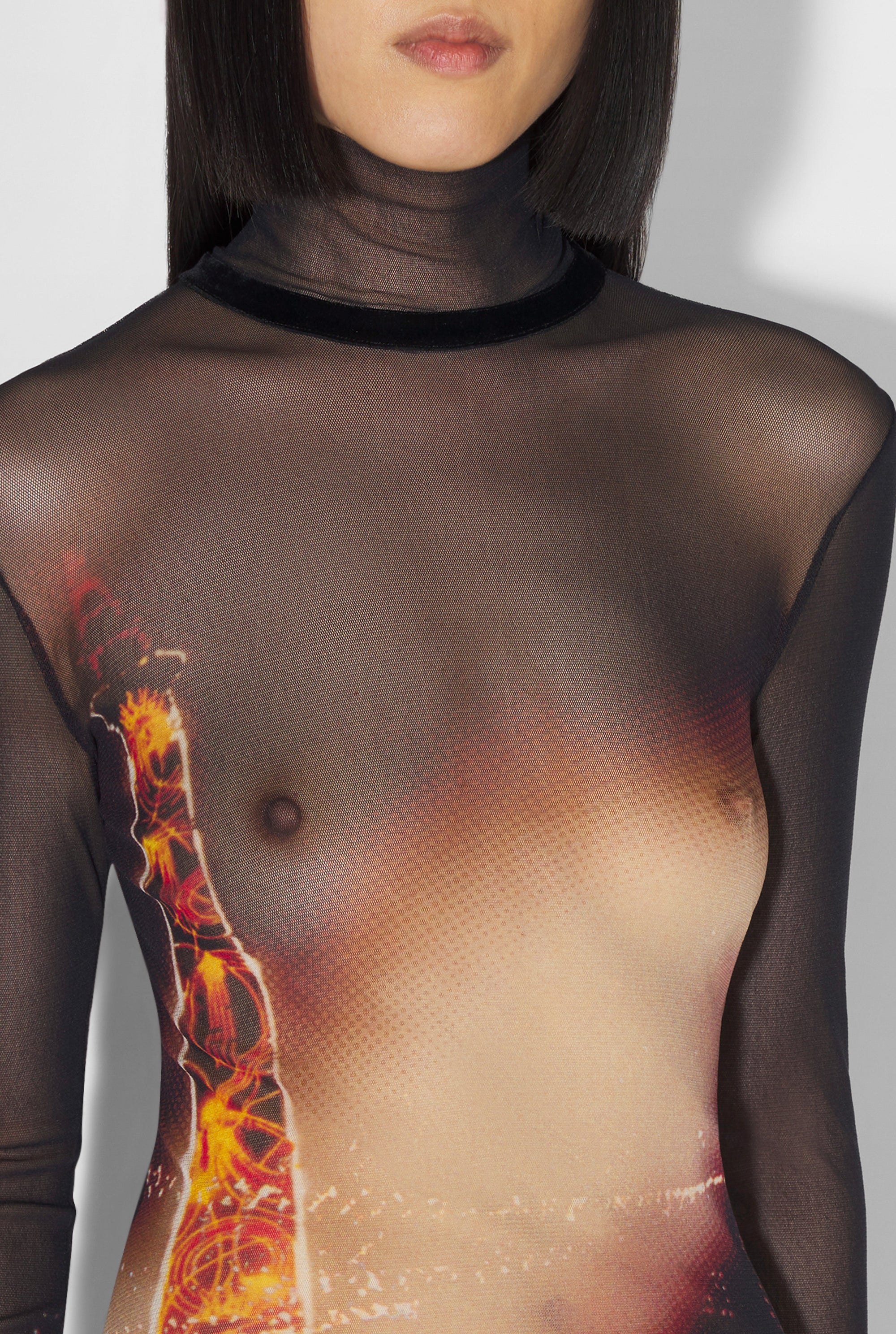 Robe longue imprimée en tulle - Black & Red & Orange