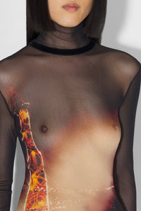 Robe longue imprimée en tulle - Black & Red & Orange