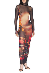 Robe longue imprimée en tulle - Black & Red & Orange